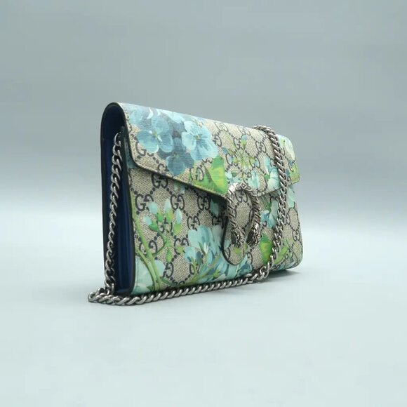 100% Auth GUCCI Dionysus Chain Wallet Blue Blooms Canvas Shoulder Bag 922-121324 - Picture 3 of 12